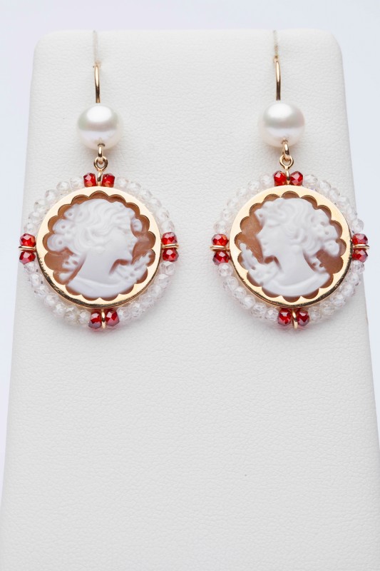 Red and white earrings with cameos
