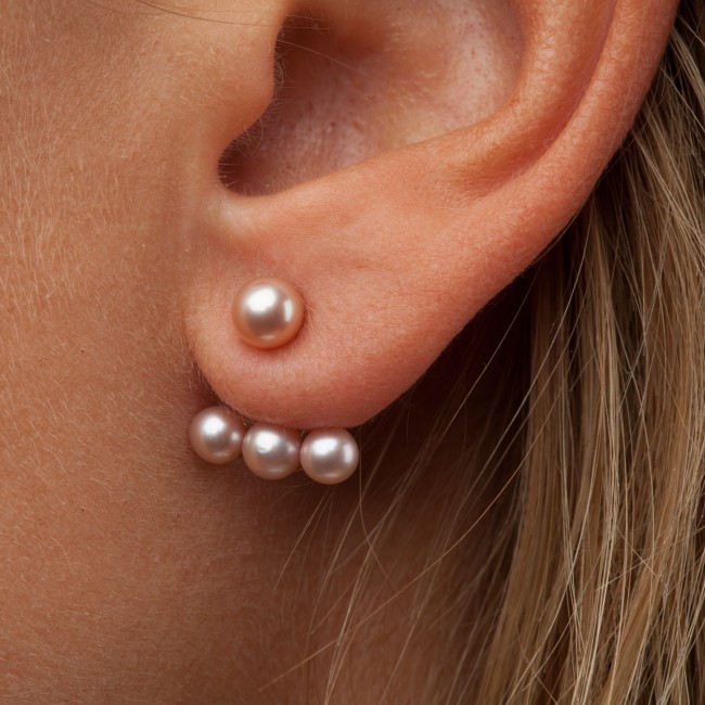 Double earrings, pink pearls