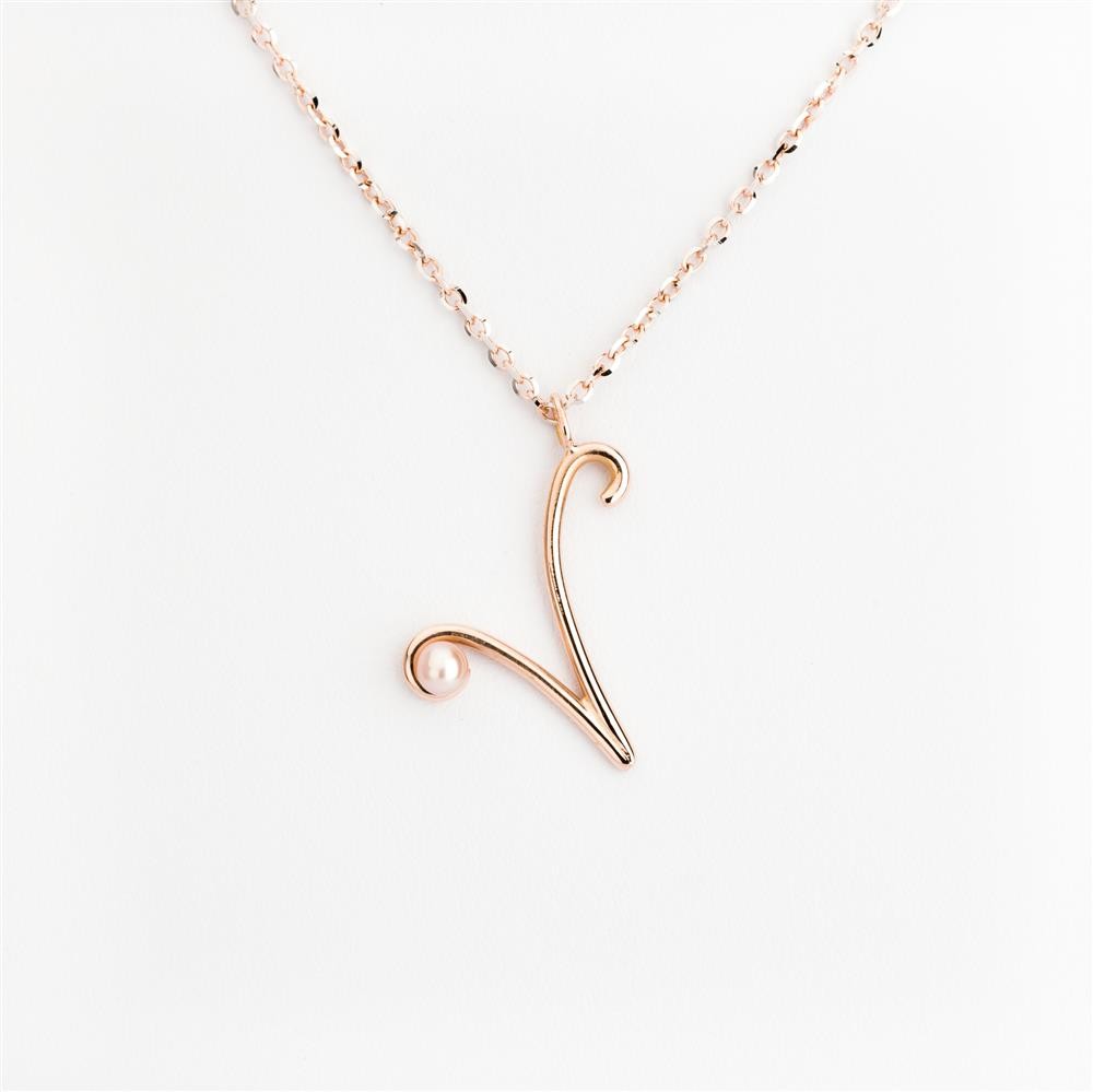 Pendant rose gold letter with initial, Letter V, with natural pearl ...
